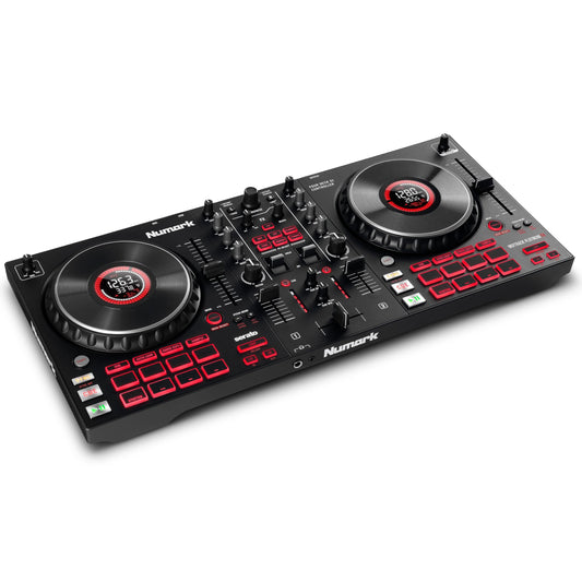Numark Mixtrack Platinum FX, 2-channel DJ controller with jog wheel displays and effects.