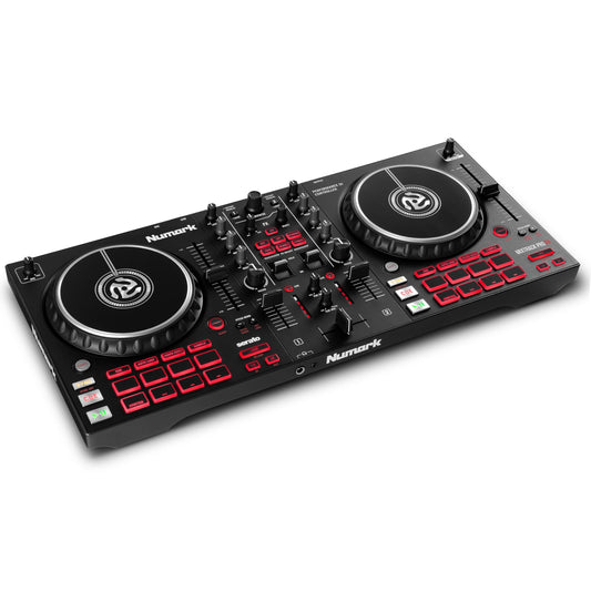 Numark Mixtrack Pro FX 2-deck DJ controller with effects paddles and audio interface.