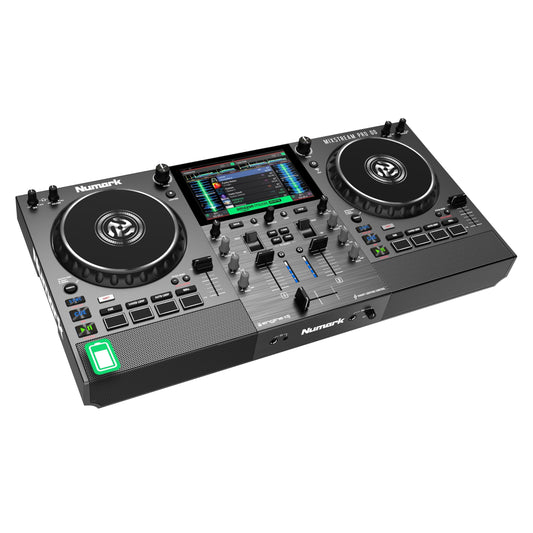 Numark Mixstream Pro Go portable DJ controller with battery, speakers, Wi-Fi, touchscreen.