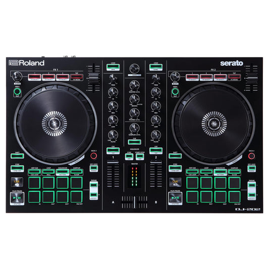 Roland DJ-202 2-channel DJ controller for Serato Lite, 4-deck control, low-latency jog wheels, Roland drum sounds.