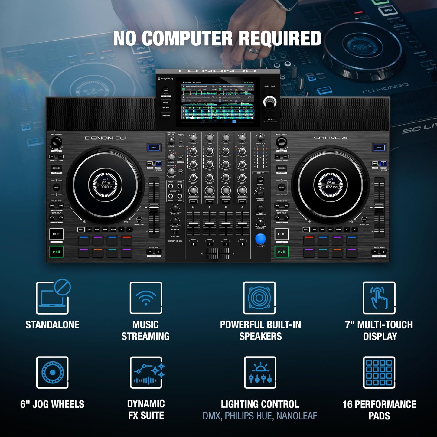 Denon DJ SC LIVE 4 Standalone 4-Deck DJ Controller with WiFi Streaming, Built-in Speakers & Stem Separation