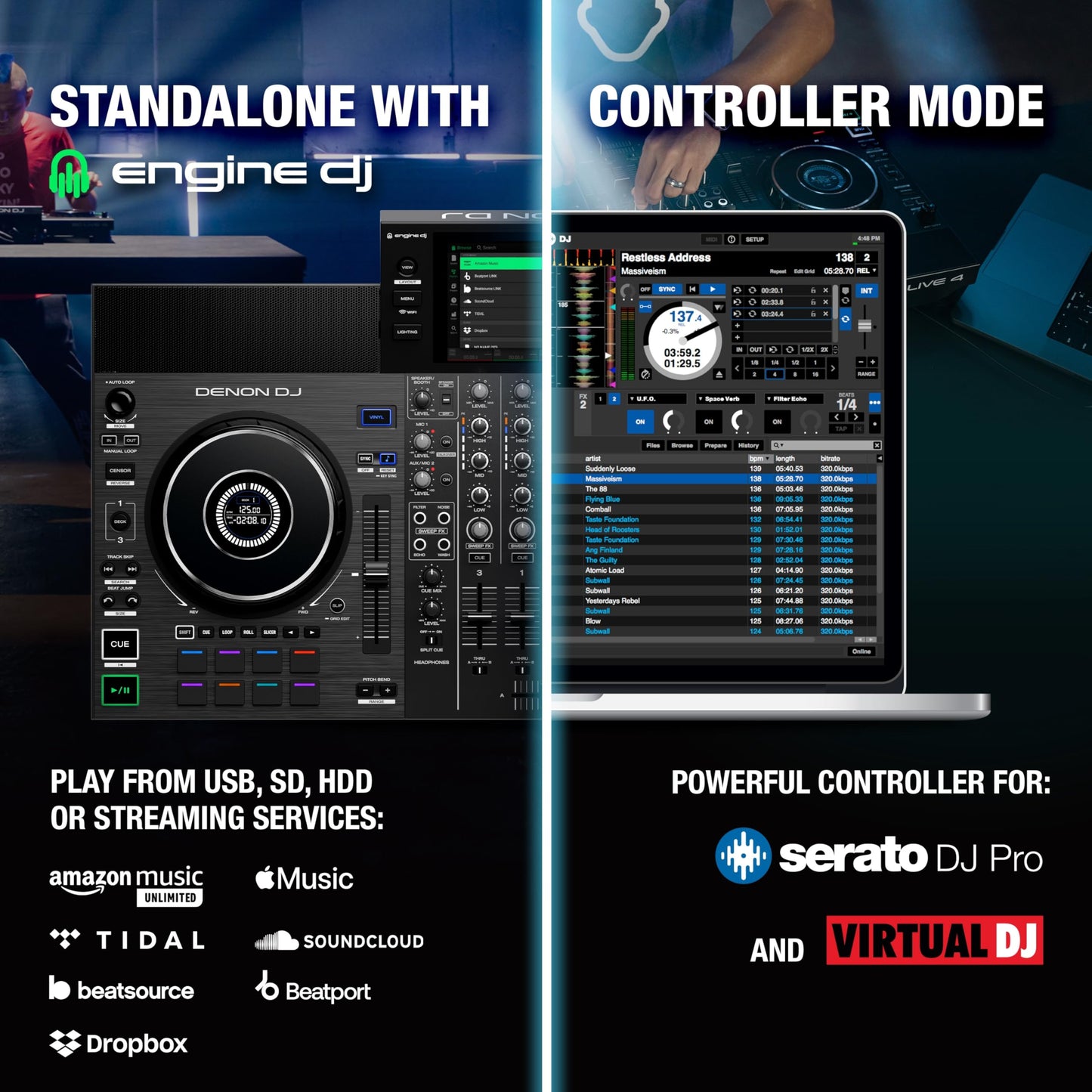Denon DJ SC LIVE 4 Standalone 4-Deck DJ Controller with WiFi Streaming, Built-in Speakers & Stem Separation