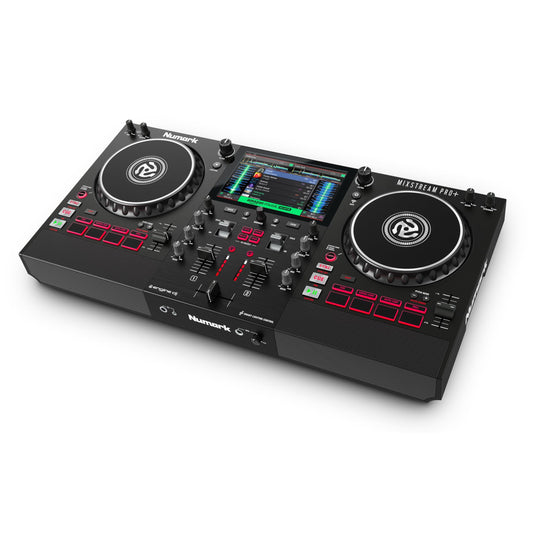 Numark Mixstream Pro+ DJ controller with touchscreen, speakers, Wi-Fi streaming, stem separation.