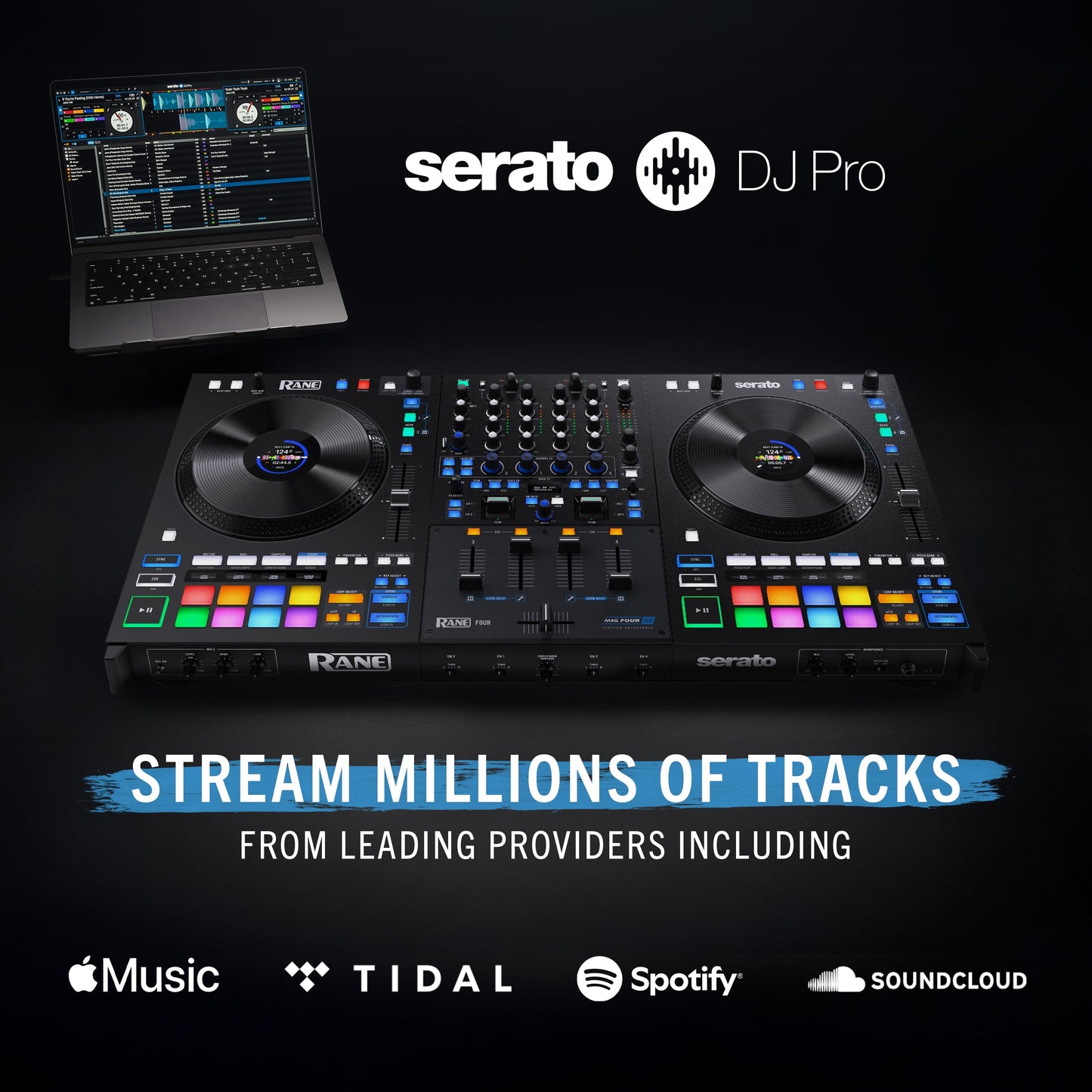 RANE FOUR 4-Channel Serato DJ Controller with 8.5" Display Jog Wheels, Stems & Internal FX