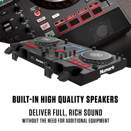 Numark Mixstream Pro+ DJ controller with touchscreen, speakers, Wi-Fi streaming, stem separation.